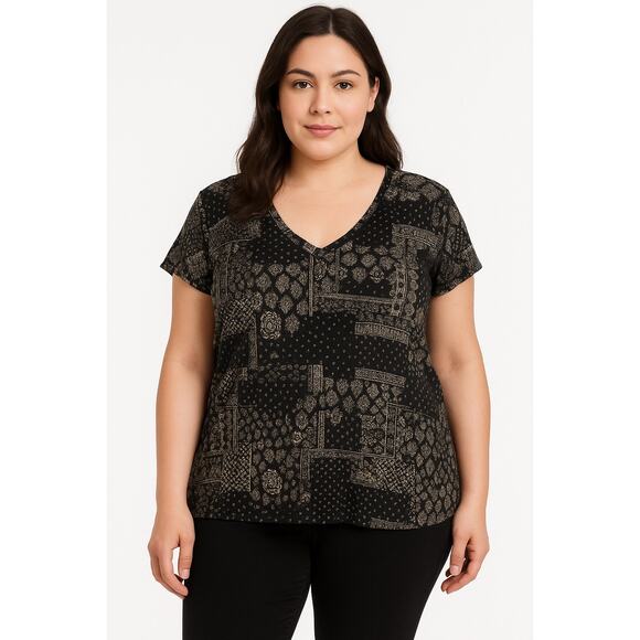 Boho Patchwork Print Tee Black Cream Philosophy Woman 1X - Picture 1 of 6